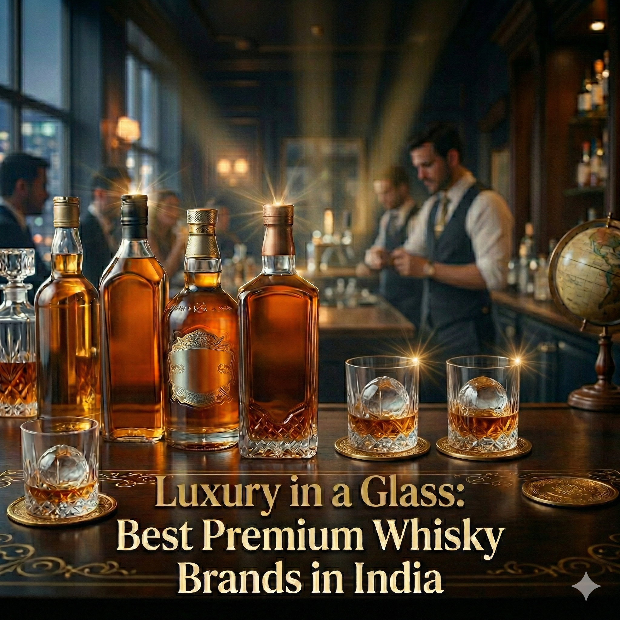 Luxury premium whisky bottles and glasses with ice on a wooden bar counter, showcasing the best premium whisky brands in India