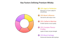 Infographic showing key factors defining premium whisky including aging, barrel influence, crafted batches, complex flavour profiles, and brand heritage displayed in a colorful pie chart.
