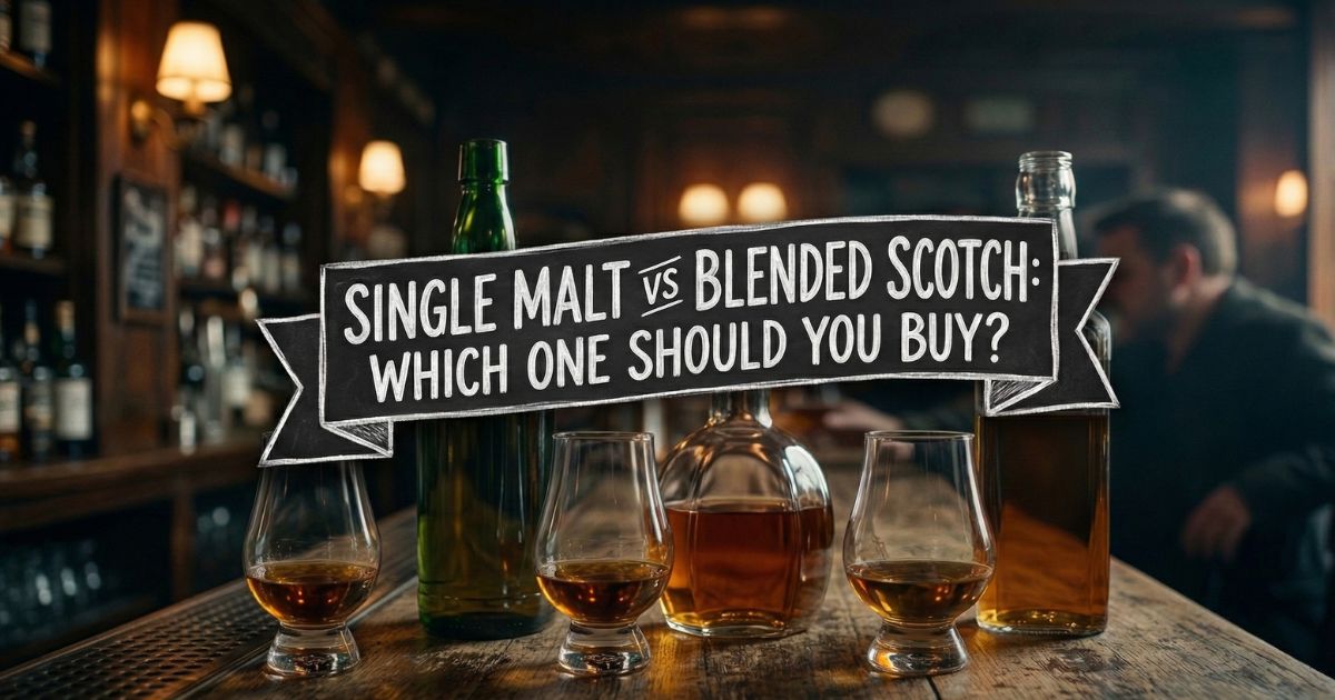 A close-up photograph of a rustic wooden bar with several bottles and three Glencairn glasses of amber Scotch whisky. A chalkboard-style banner over the bottles and glasses reads, 'SINGLE MALT vs BLENDED SCOTCH: WHICH ONE SHOULD YOU BUY?'. The background shows a dimly lit traditional bar with a bartender and shelves filled with bottles.