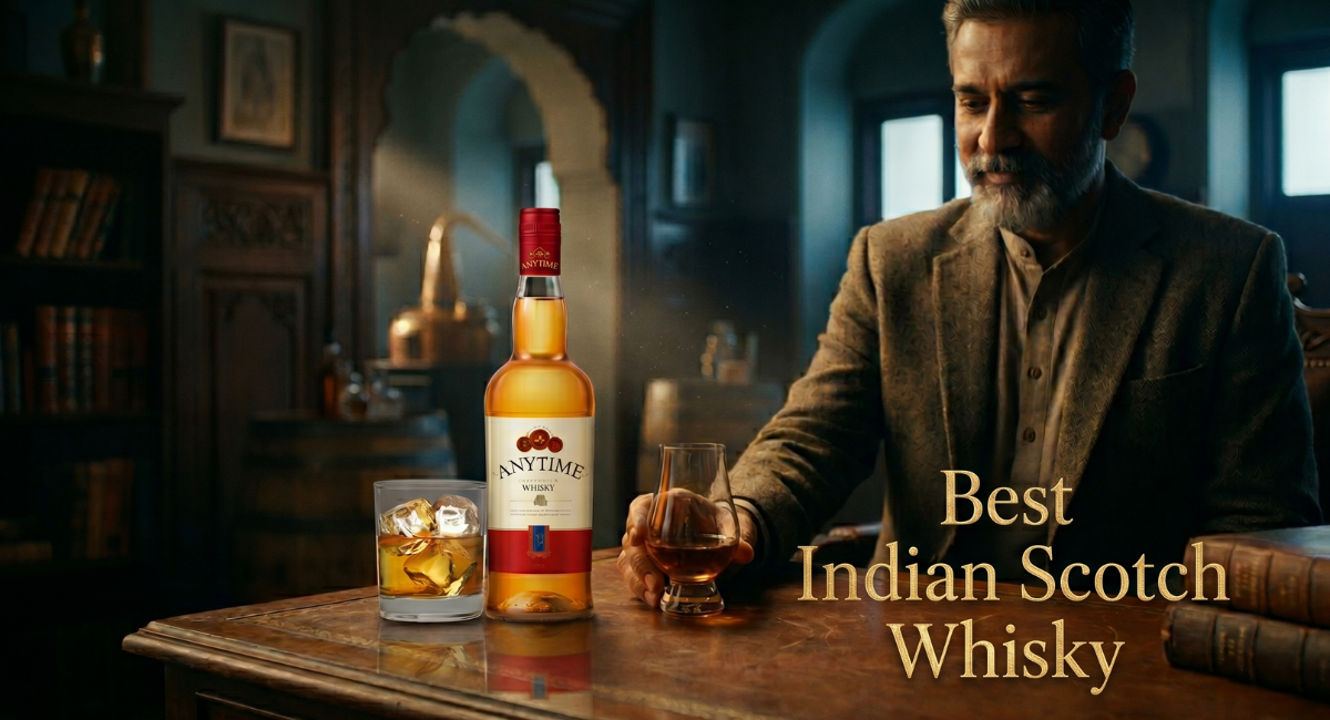 A man at a wooden table in an antique room holding a glass, with a bottle of ANYTIME whiskey, ice, and books. The text reads "Best Indian Scotch Whisky".
