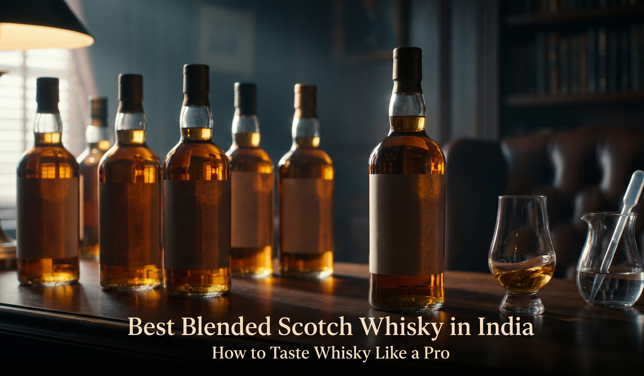 need alt text for this banner image and it should be in 150-160 character A lineup of seven blank-labelled whiskey bottles is displayed on a table next to a glass and water with a medicine dropper. The image text reads "Best Blended Scotch Whisky in India How to Taste Whisky Like a Pro
