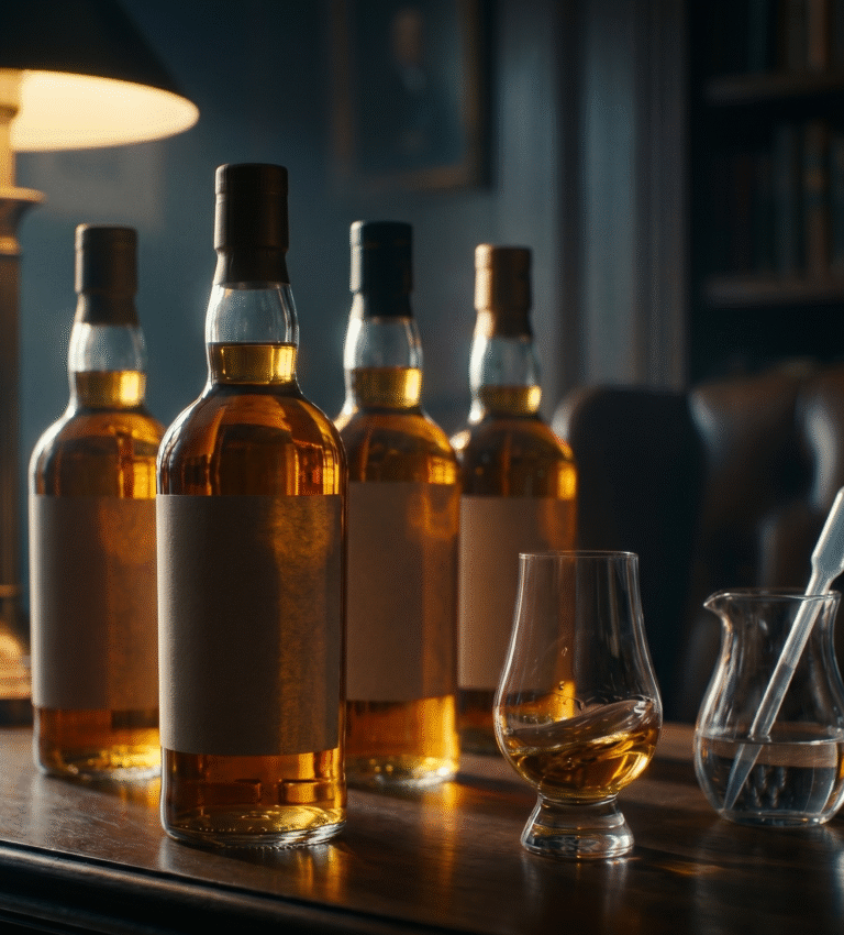 An artistic photograph of four unlabelled whisky bottles on a wooden desk, in front of a shelf of books and a lamp. The bottles are of different shapes, and the liquid inside is a deep amber colour. In the foreground, a glencairn glass contains some of the whisky.
