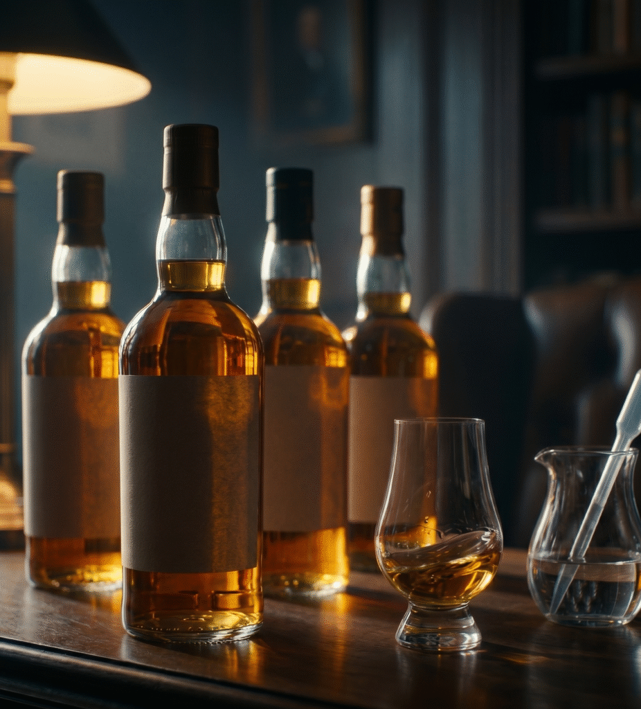 An artistic photograph of four unlabelled whisky bottles on a wooden desk, in front of a shelf of books and a lamp. The bottles are of different shapes, and the liquid inside is a deep amber colour. In the foreground, a glencairn glass contains some of the whisky.