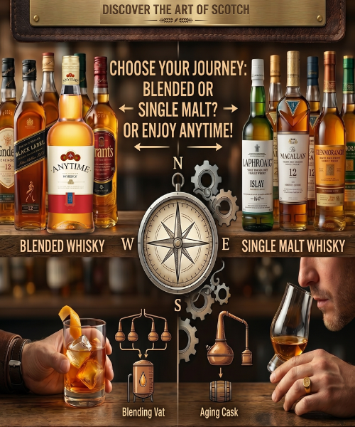 Comparison banner of Blended vs. Single Malt Whisky featuring an Anytime Whisky bottle, distillery icons, and a tasting scene.