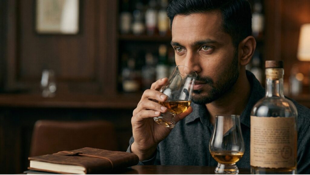A focused Indian man in a dimly lit, classic bar setting, carefully nosing a Glencairn glass of golden whisky. On the wooden table in front of him sits a vintage-style whisky bottle, a second tasting glass, and a leather-bound journal.