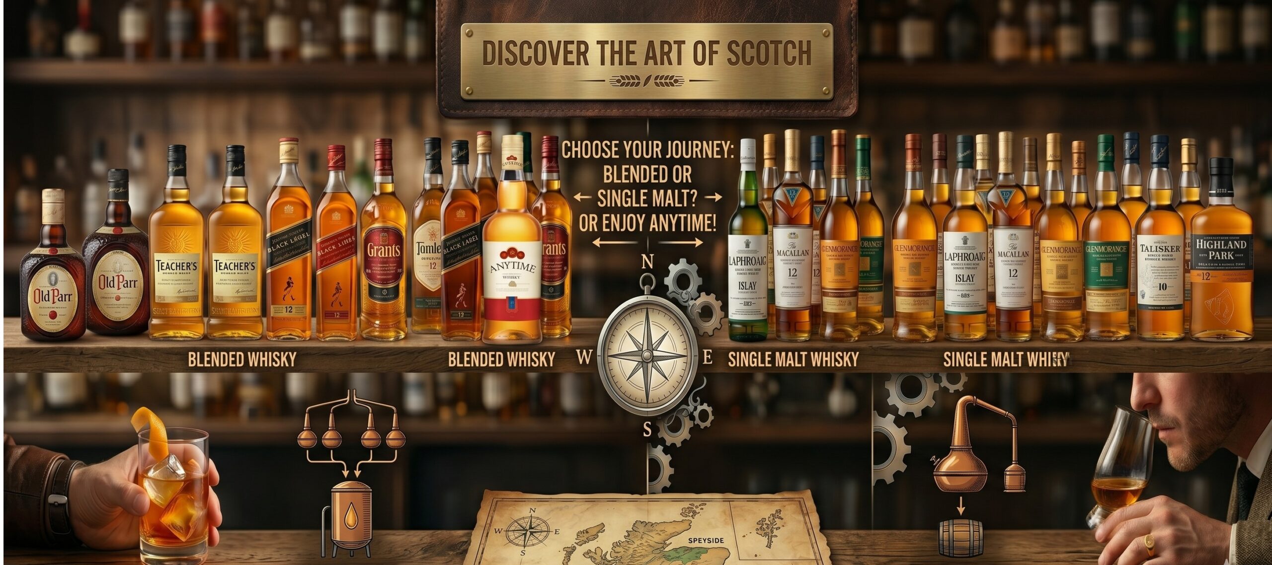 Panoramic whisky guide comparing Blended & Single Malt, featuring Anytime Whisky, production icons, and a map of Scotland on a rustic bar
