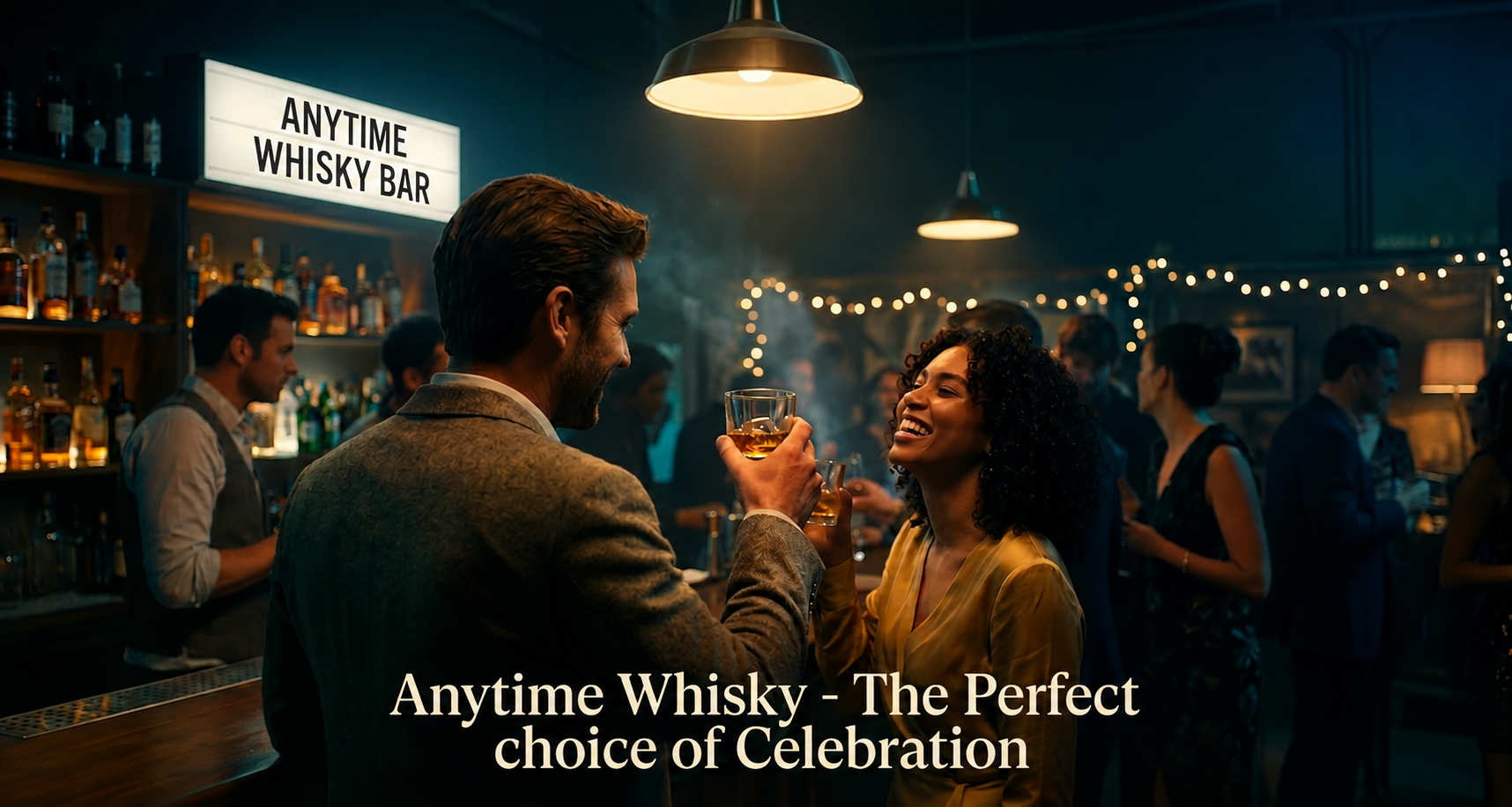 People celebrating with whisky drinks inside Anytime Whisky Bar, enjoying a lively and elegant atmosphere with warm lighting, premium whisky selections, and social gatherings.