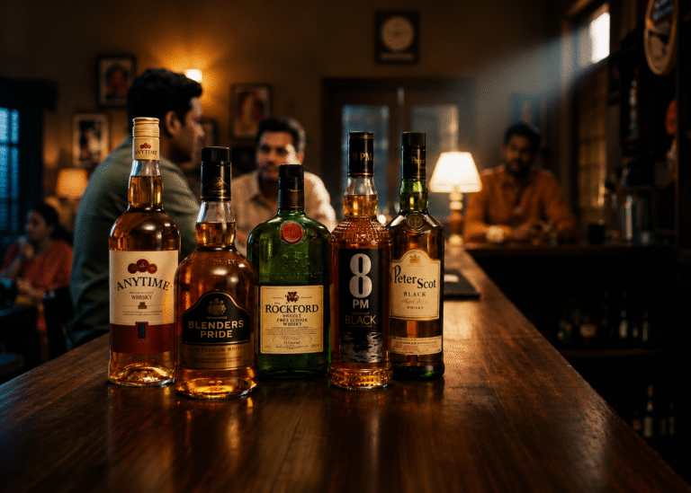 Premium blended whisky bottles displayed on a wooden bar counter in a warm and elegant lounge setting.