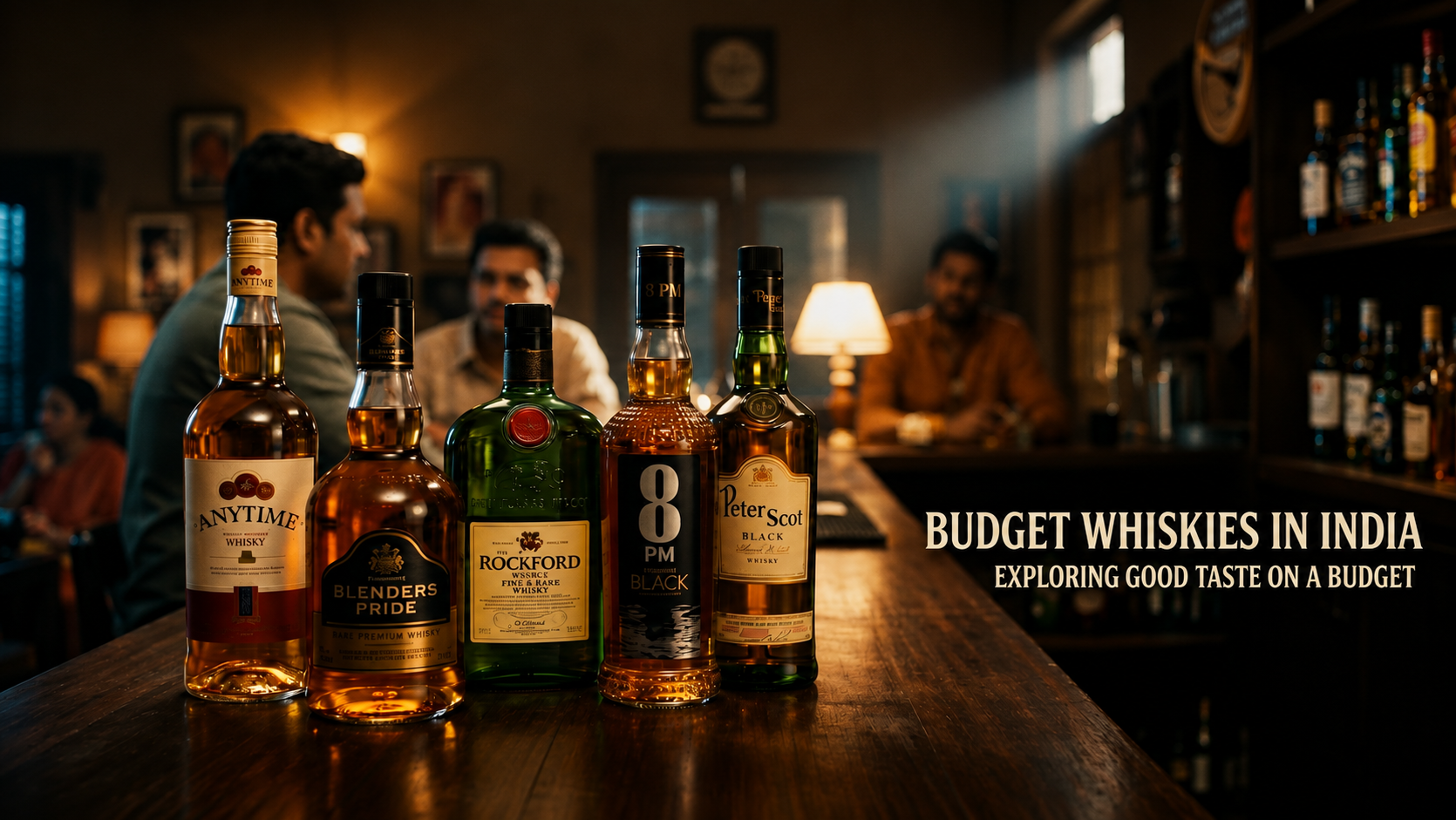 Five budget-friendly Indian whisky bottles lined up on a wooden bar counter in a dimly lit pub, featuring text that reads "Budget Whiskies in India: Exploring Good Taste on a Budget.