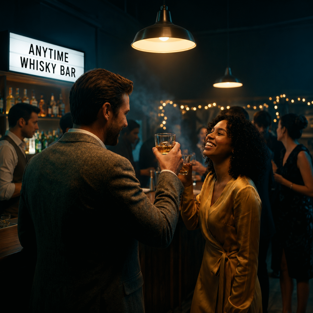 A man in a grey tweed suit and a woman in a gold dress raise whisky glasses to toast at a dimly lit bar with other people in the background, a light-up sign that reads "ANYTIME WHISKY BAR" is in the background.