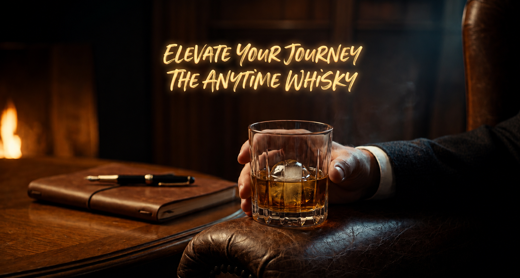 Person holding a glass of Anytime Whisky in a luxurious lounge with a warm fireplace, creating a premium whisky experience.
