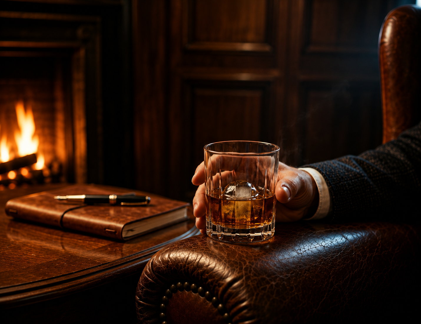 Glass of whisky with ice held in a luxurious lounge beside a cozy fireplace.