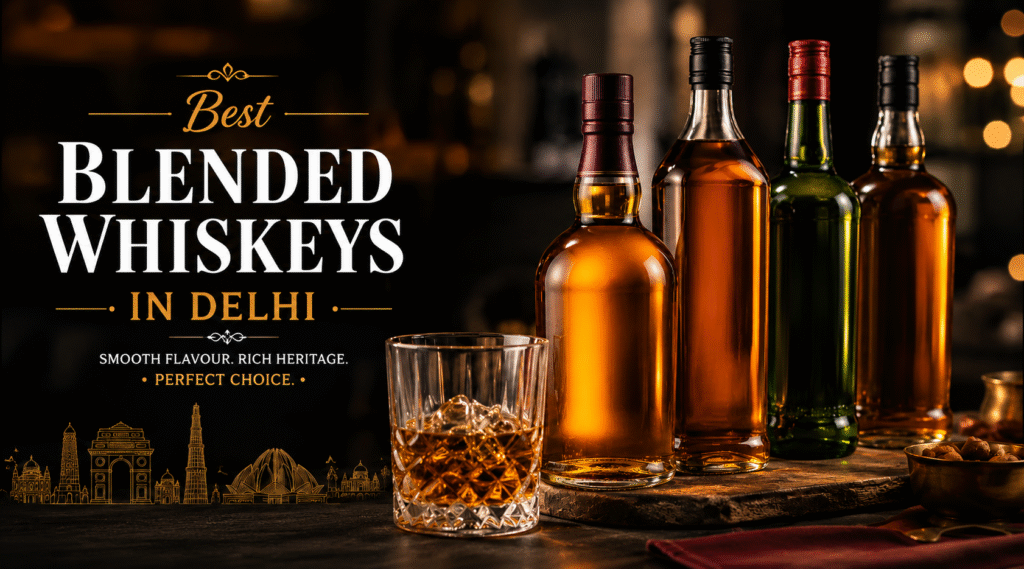 Premium blended whisky bottles and whisky glass on a luxury bar counter.