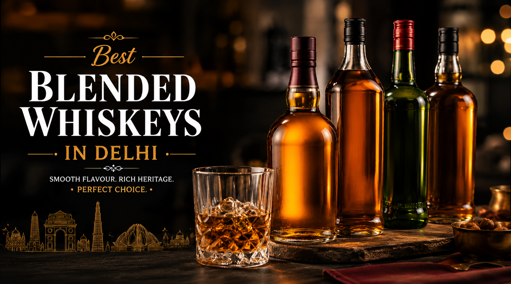 Premium blended whisky bottles and whisky glass on a luxury bar counter.